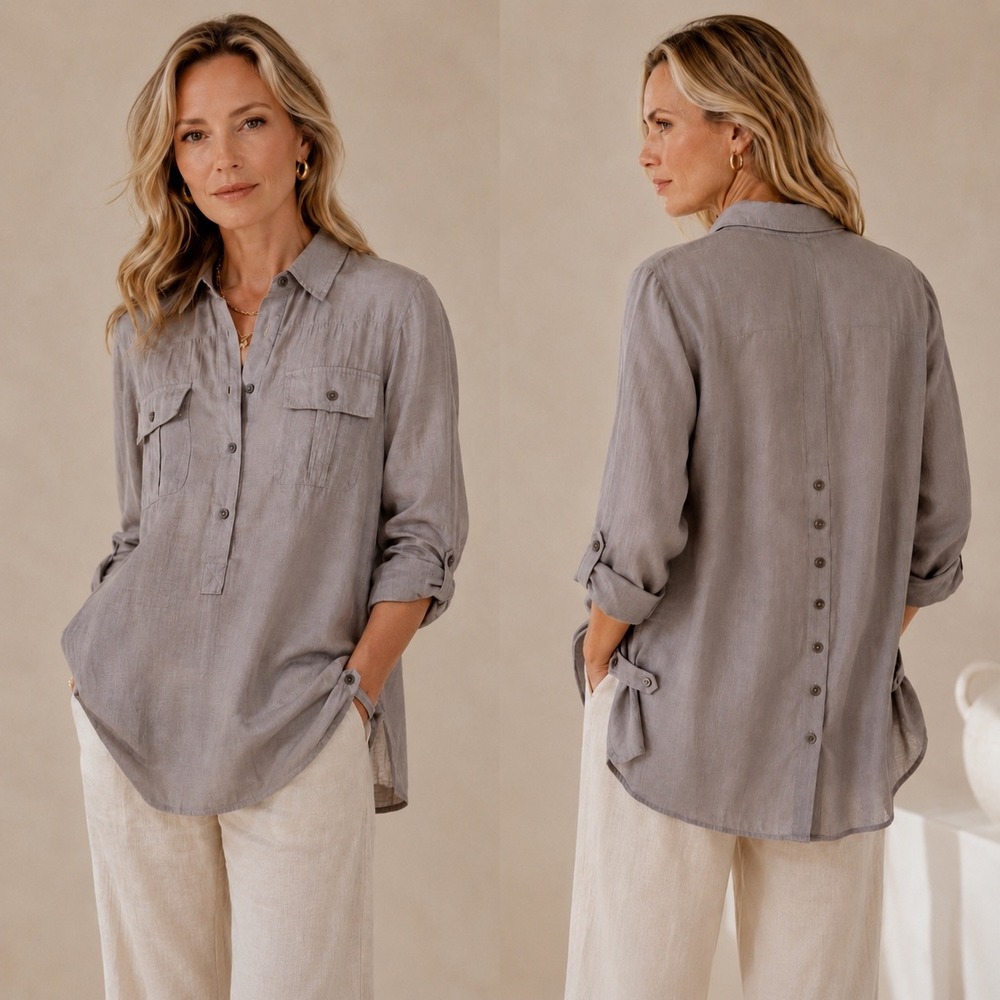 Poetry Tunic Shirt Womens Medium Grey Excellent Roll Tab Quiet Luxury WT3183